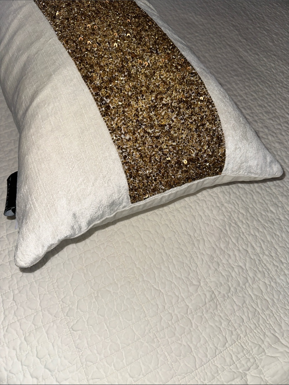 TAHARI White Velvet Down Filled Beaded Pillow Gold Lumbar like new - Picture 3 of 6